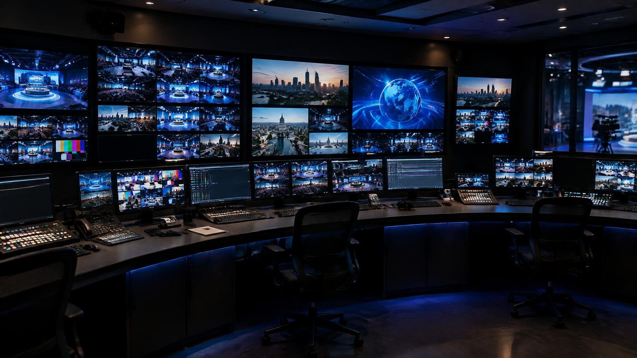 Broadcast control room with many monitors and a mixing desk
