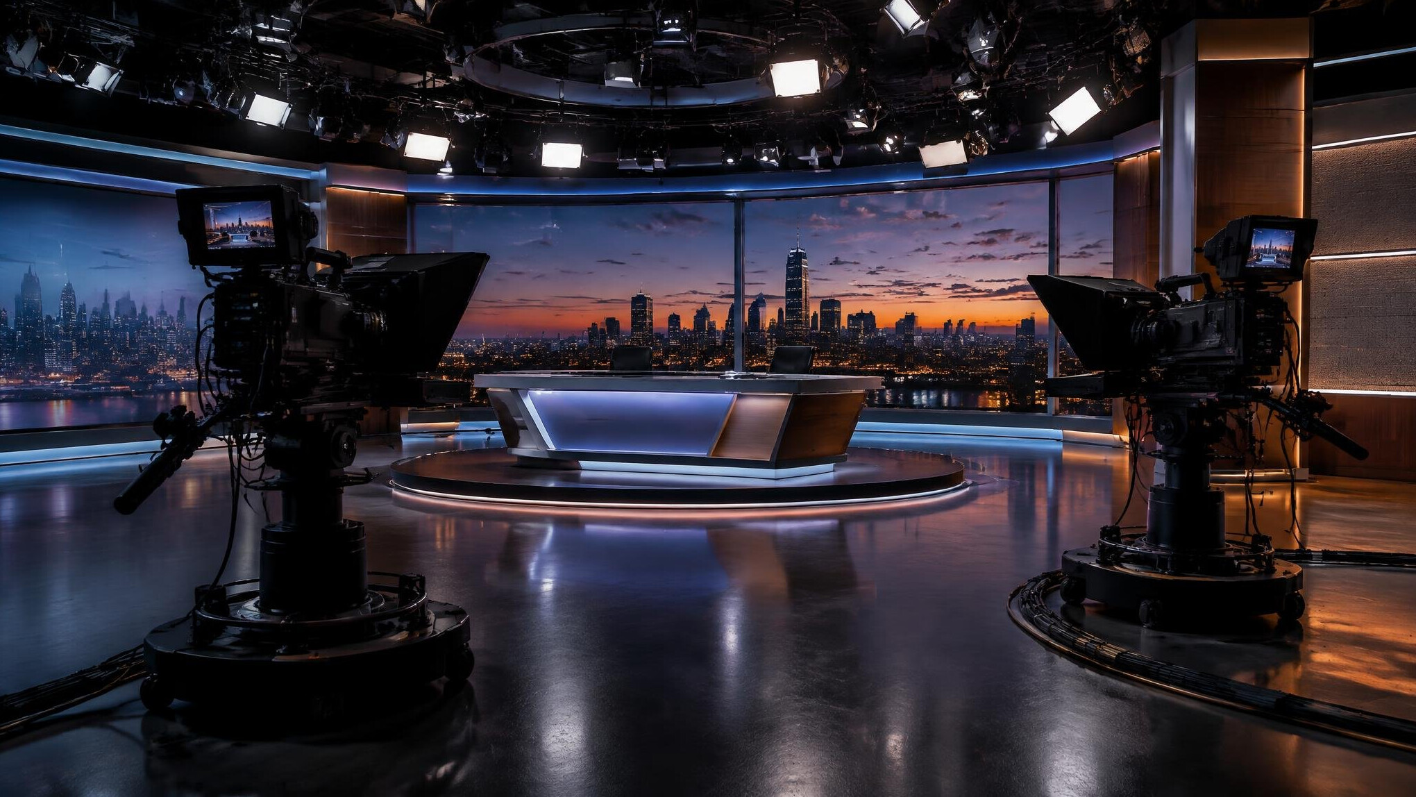 Empty modern television studio with lighting rig and broadcast cameras