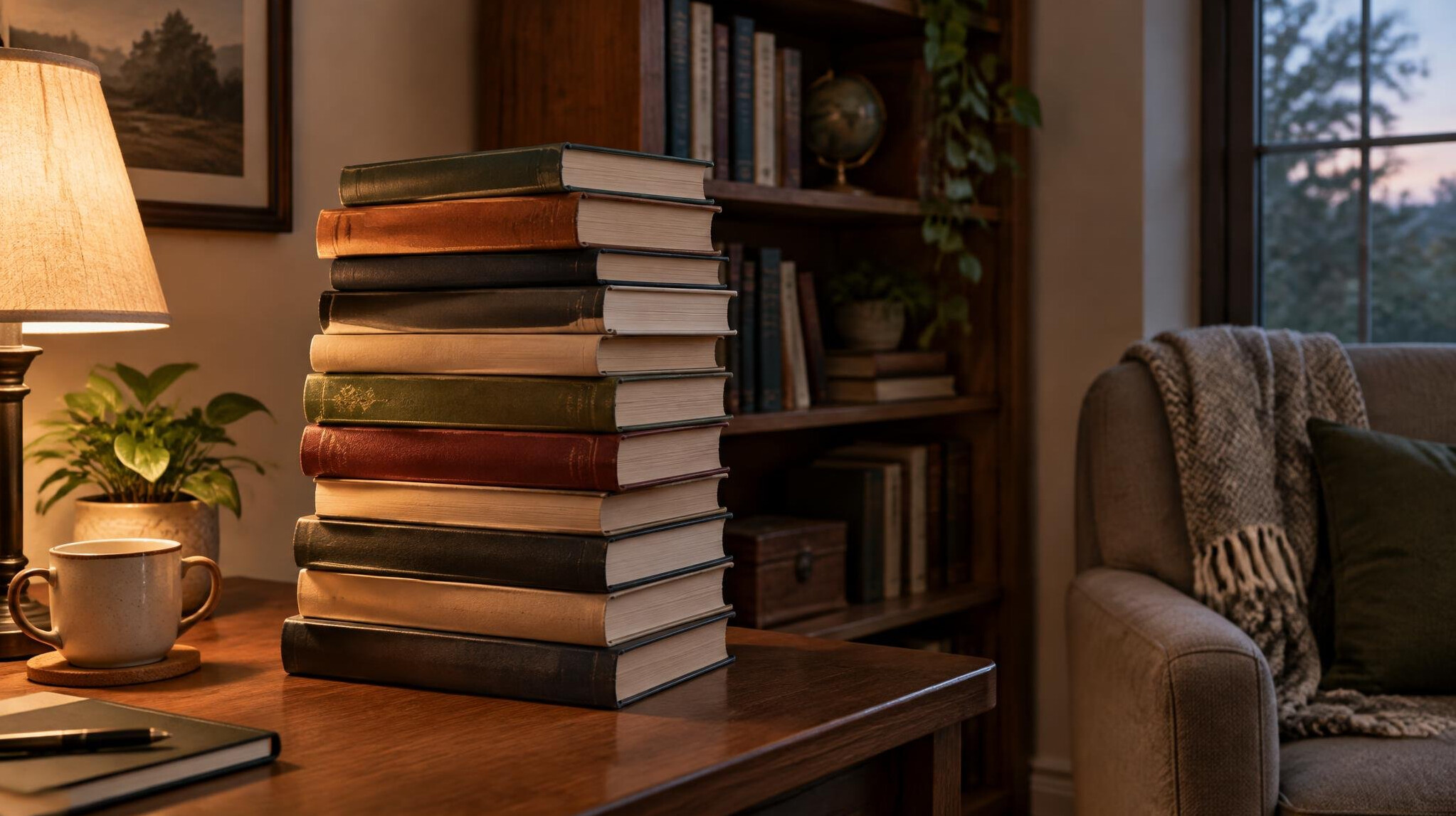 Pile of books with a lamp in a study