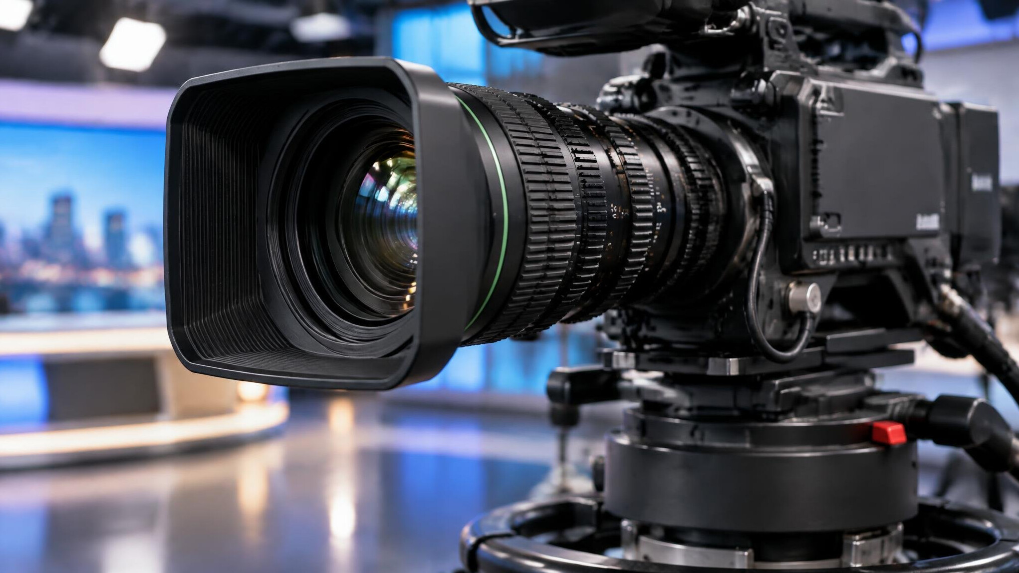 Professional broadcast camera close-up mounted on a tripod