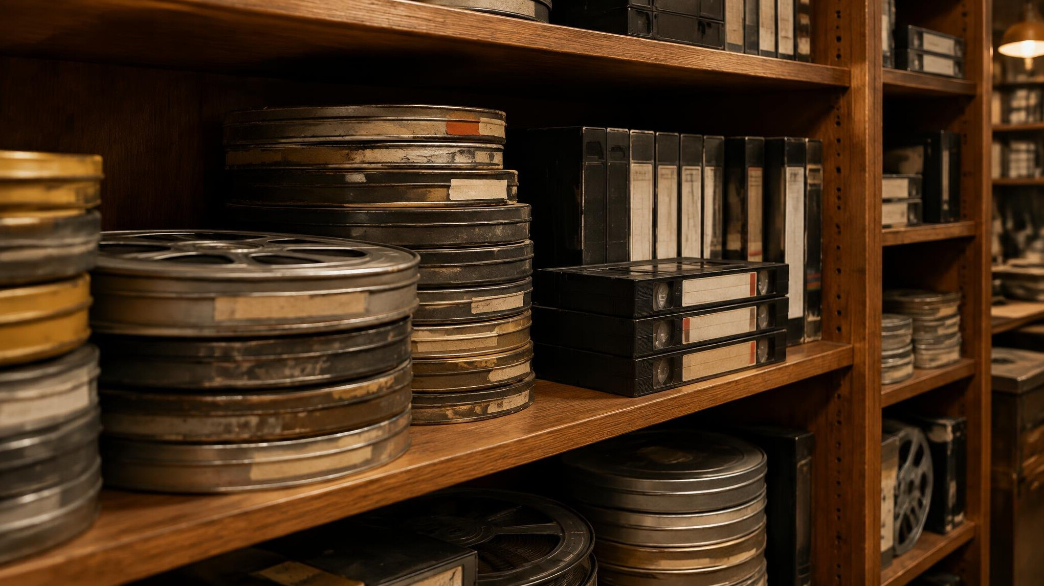Archival film reels and video tapes stacked in storage
