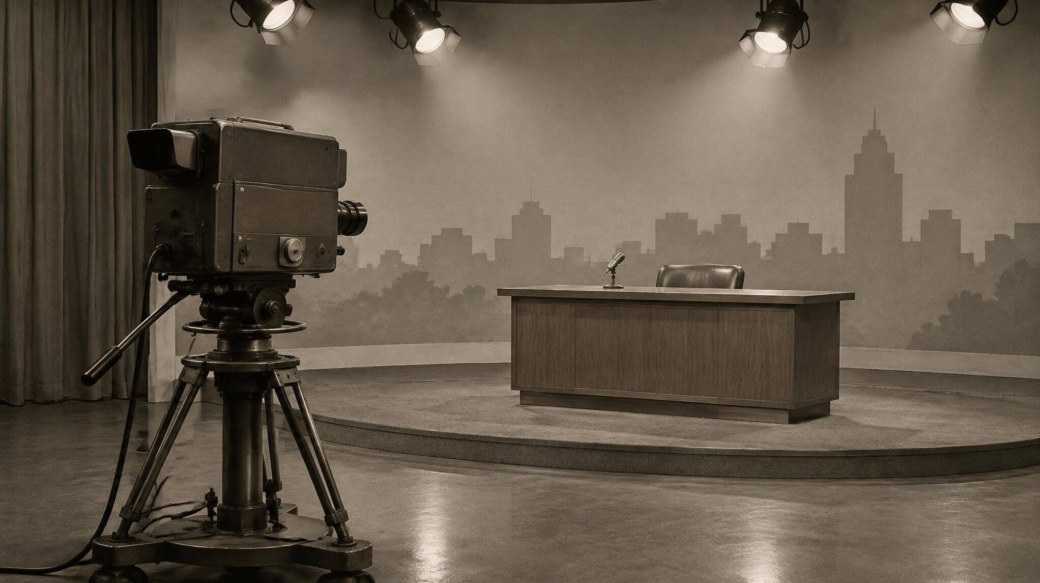 Vintage television studio set from the 1950s with old broadcast camera