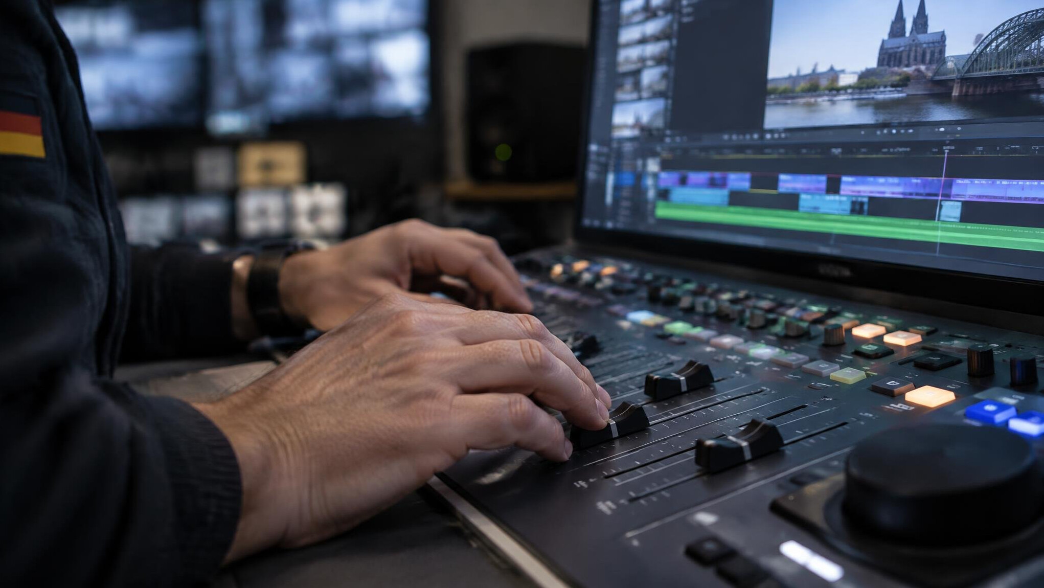 Close-up of hands adjusting a modern digital editing console