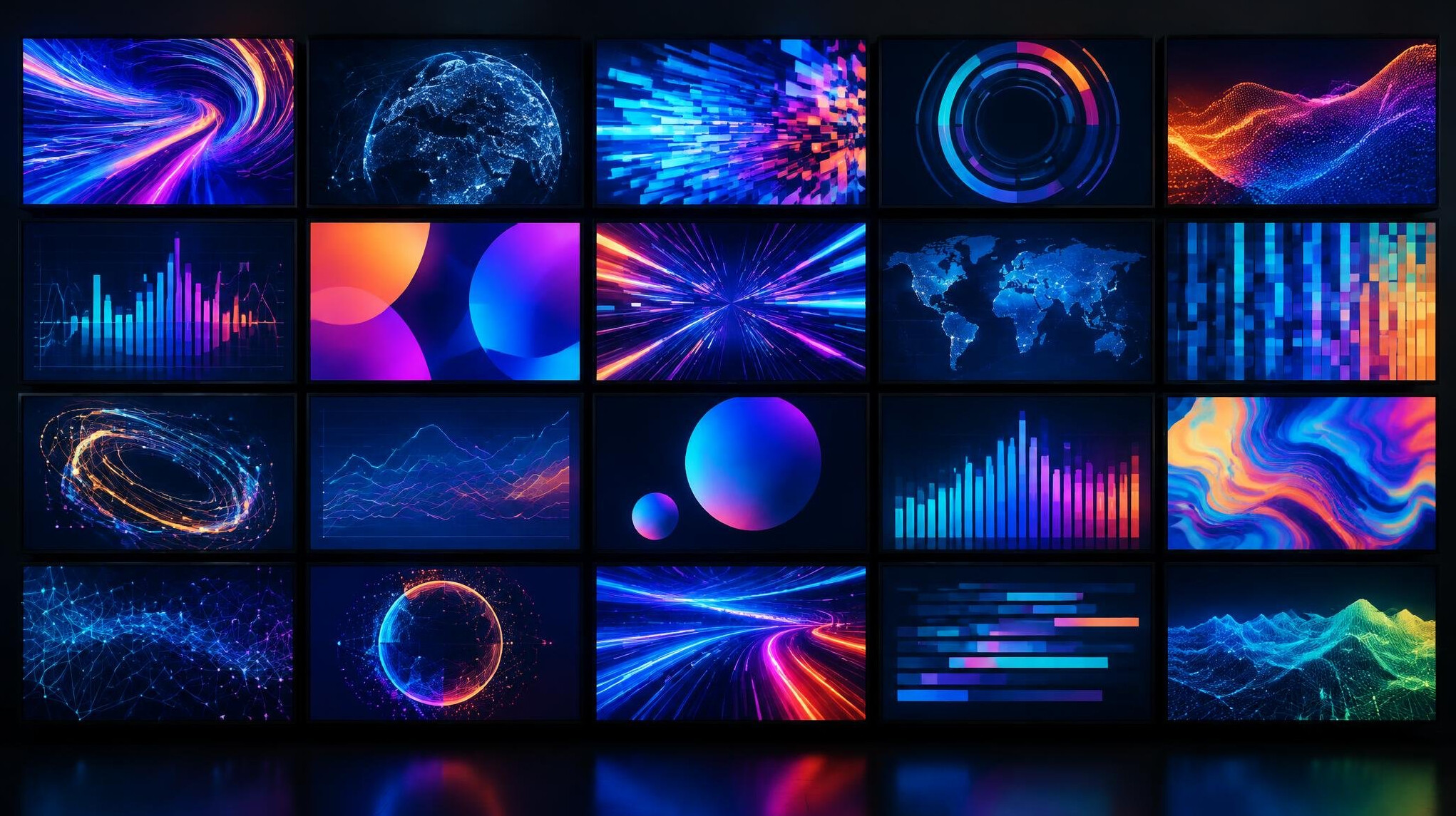 Wall of monitors displaying abstract broadcast data visualizations