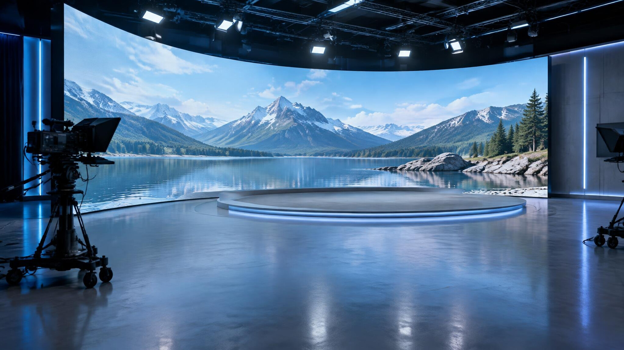 Modern virtual production studio with large LED screen wall