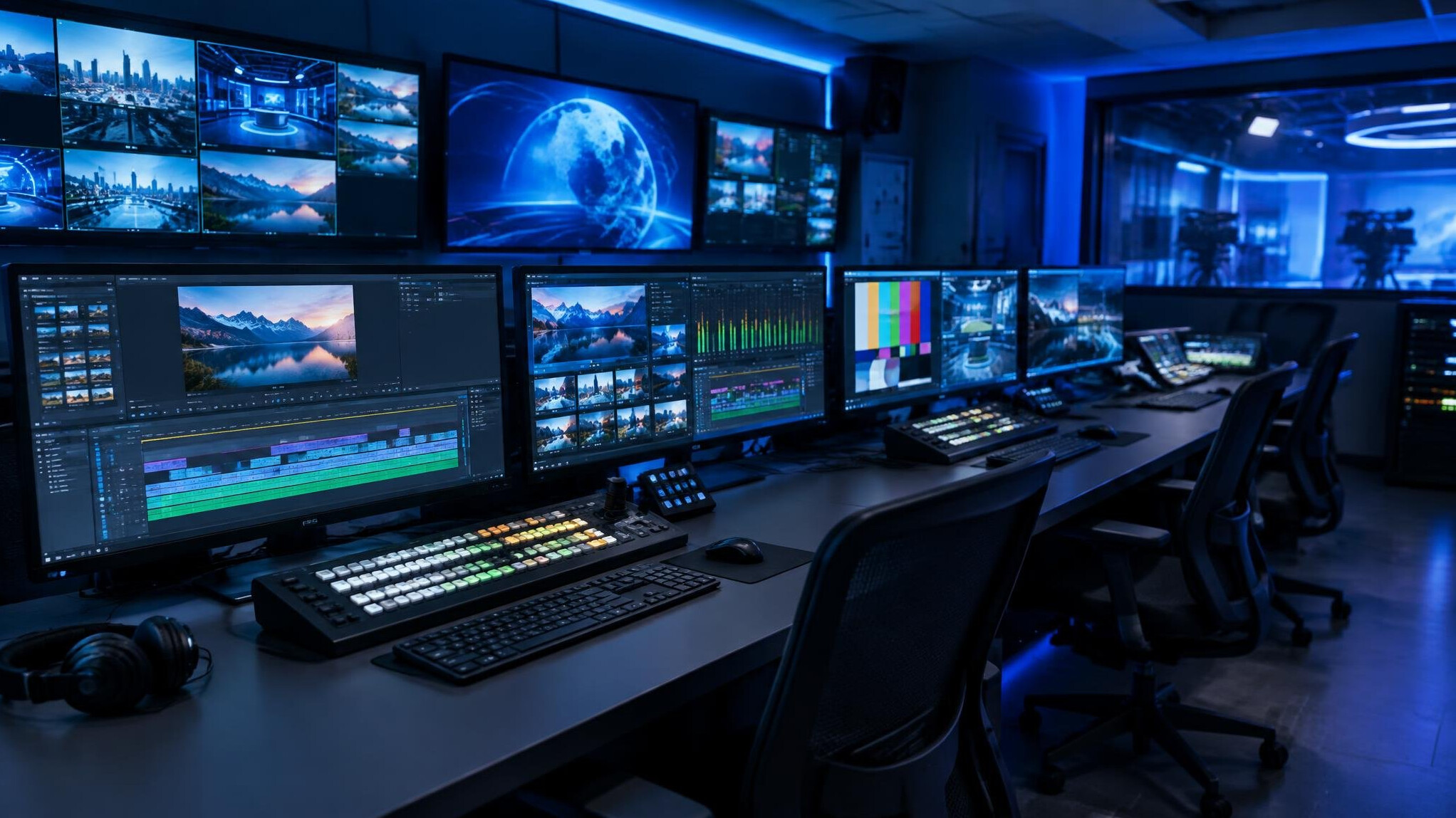Modern digital broadcast control room with multiple monitors