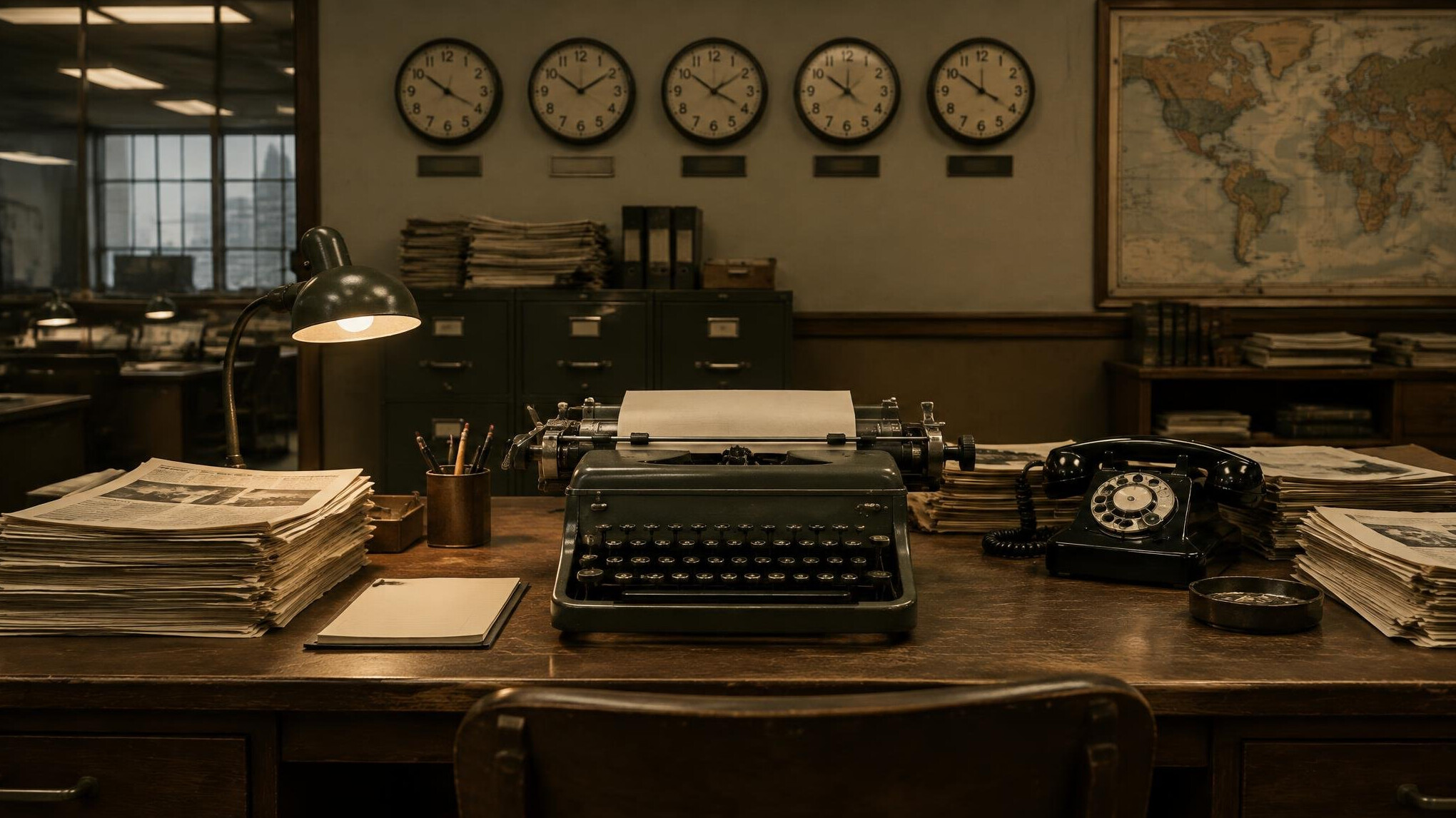 Vintage newsroom desk with typewriter and wall clocks