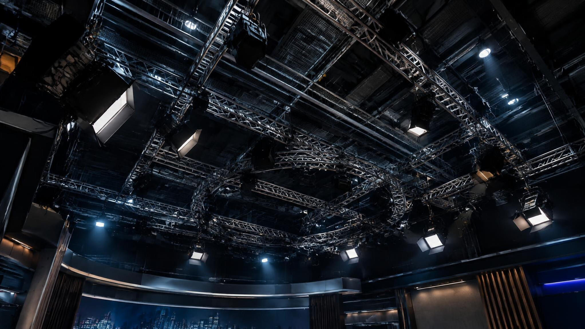 Modern television studio architecture with lighting grid viewed from below