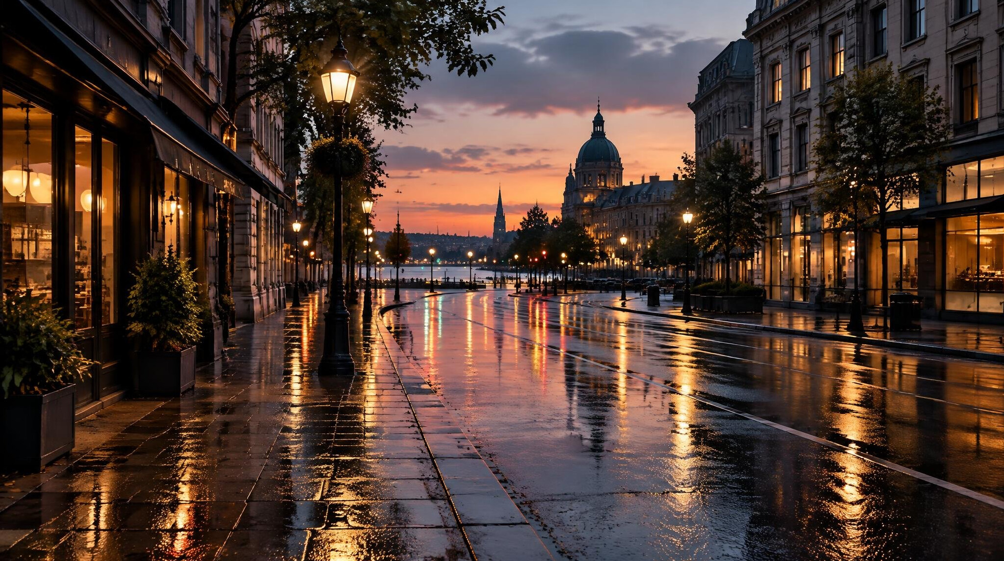 City street at night with lights and reflections